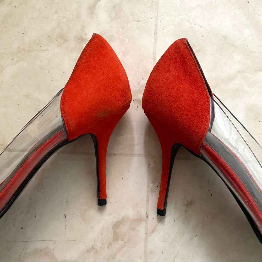 $340 Sandro Orange Suede Clear Vinyl Pointed Toe Pumps Heels Size 9.5/40 - Picture 7 of 14